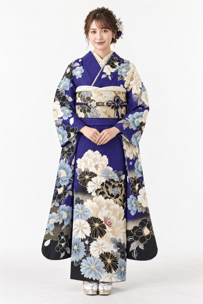 いせや深谷本店振袖Sサイズコレクション紺地大輪の花