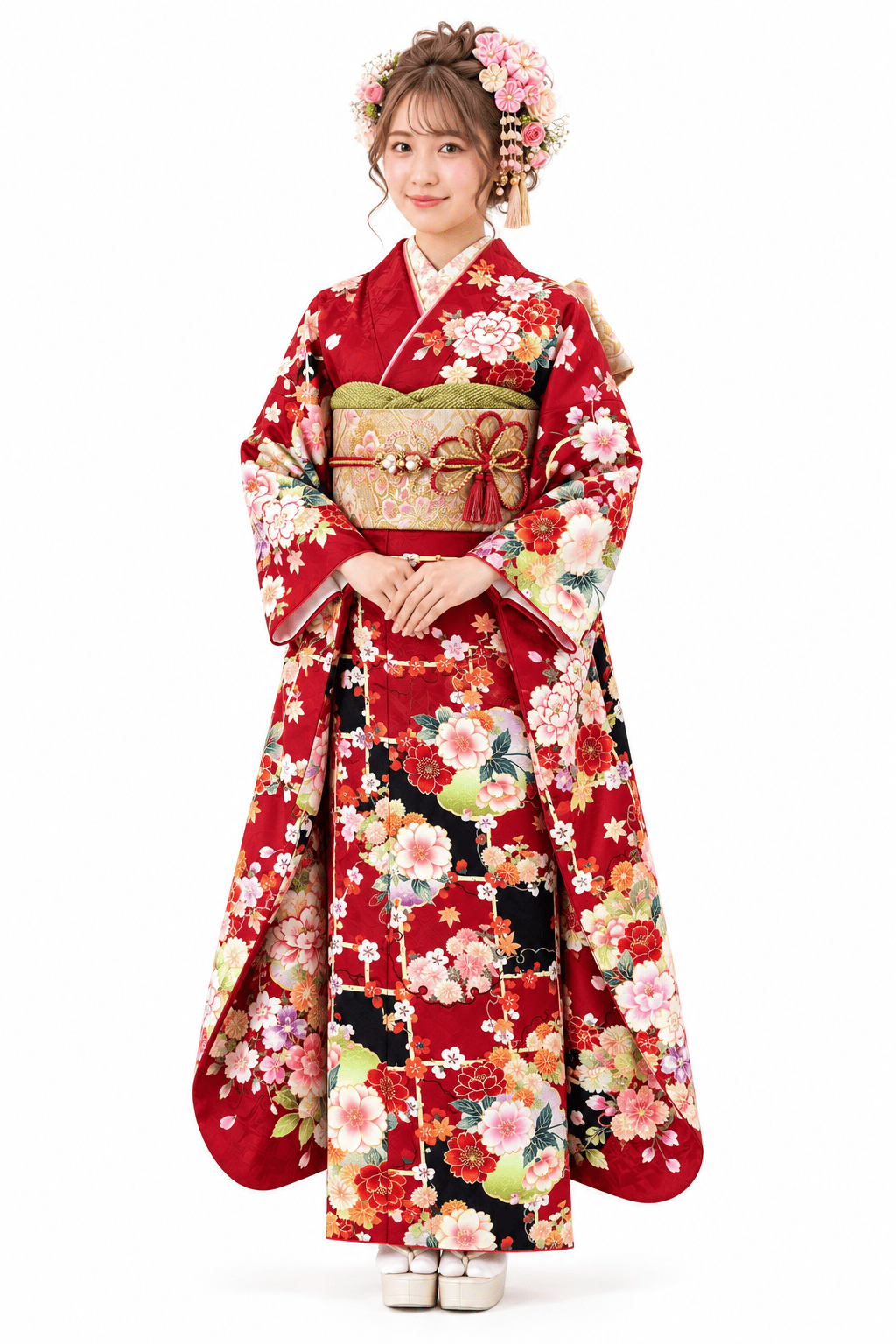 赤と黒に映える、晴れの日の花模様の振袖全身コーディネート