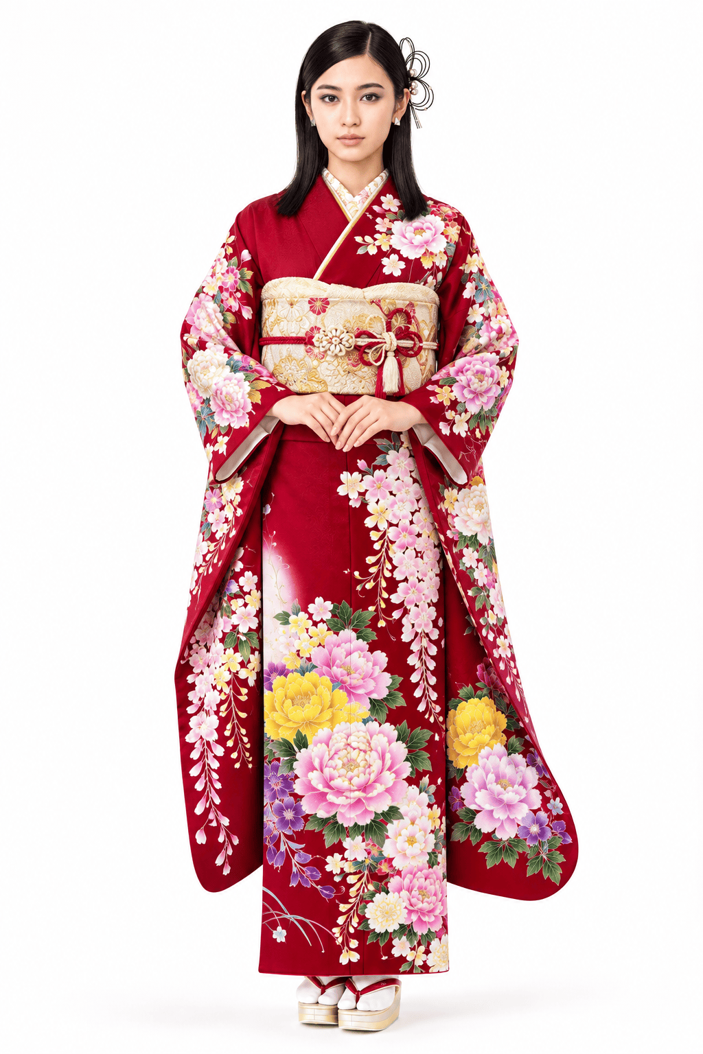 深い赤に大輪の花、優雅な佇まいの振袖全身コーディネート