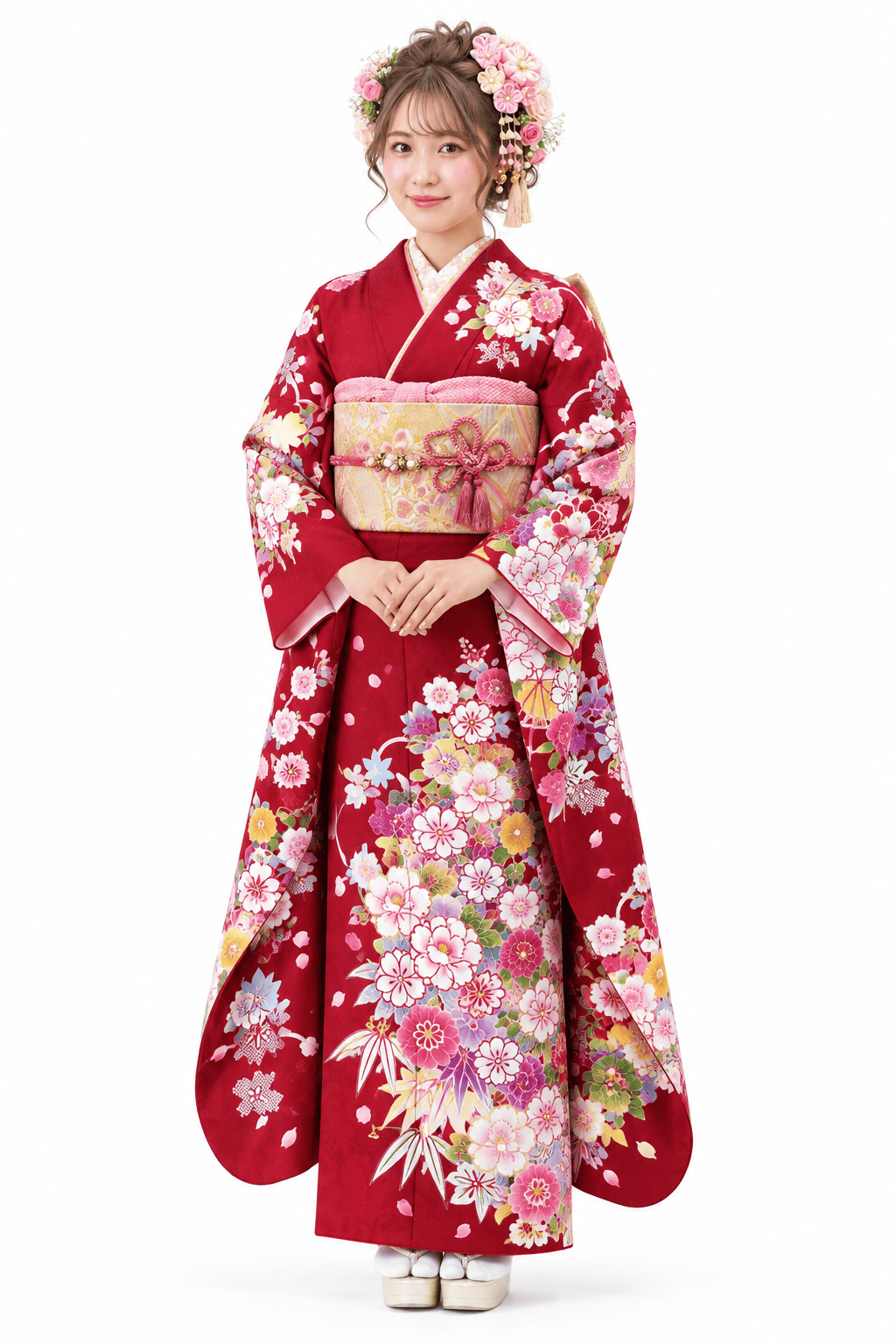 赤地に咲く、可憐な花々の振袖全身コーディネート