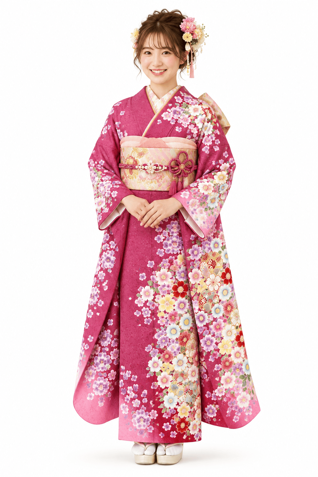 桜色の花が舞う、可憐なスタイルの振袖全身コーディネート