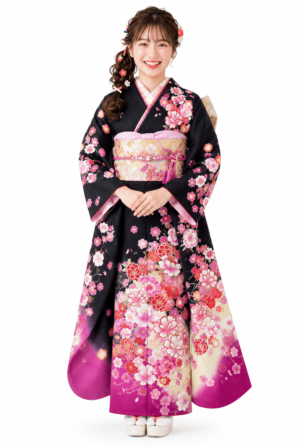 STYLE 01 ピンクの花が咲き誇る華やか黒振袖 品番1005-00082