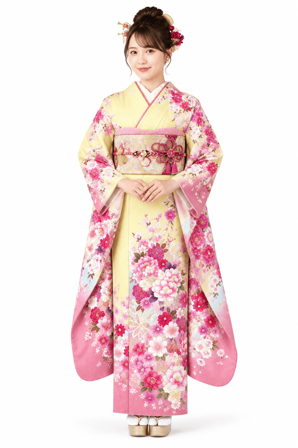 クリームイエロー×ピンクの花便りの振袖全身コーディネート