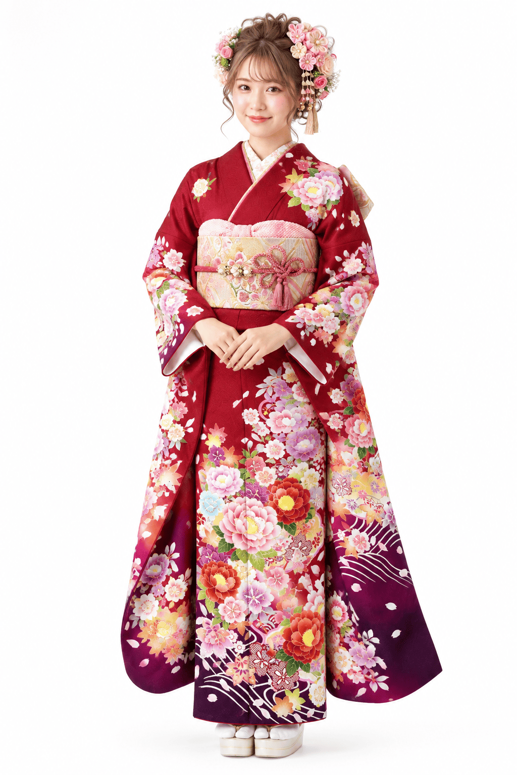 赤から紫へ、花々が彩る上品スタイルの振袖全身コーディネート