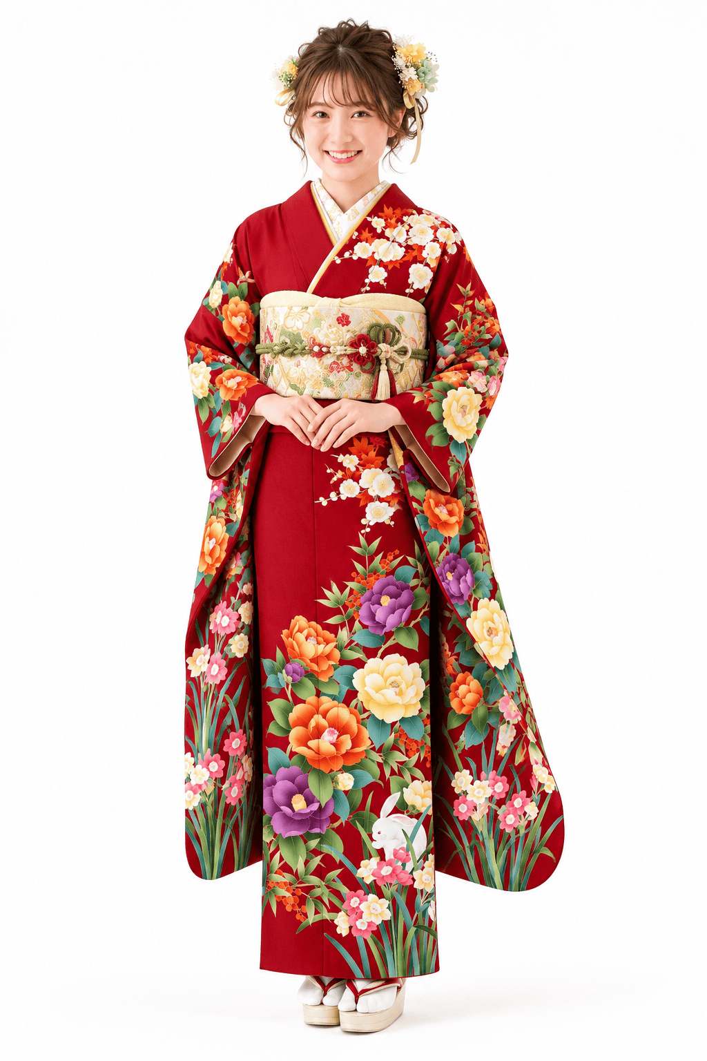 草花とうさぎの、個性派レトロの振袖全身コーディネート