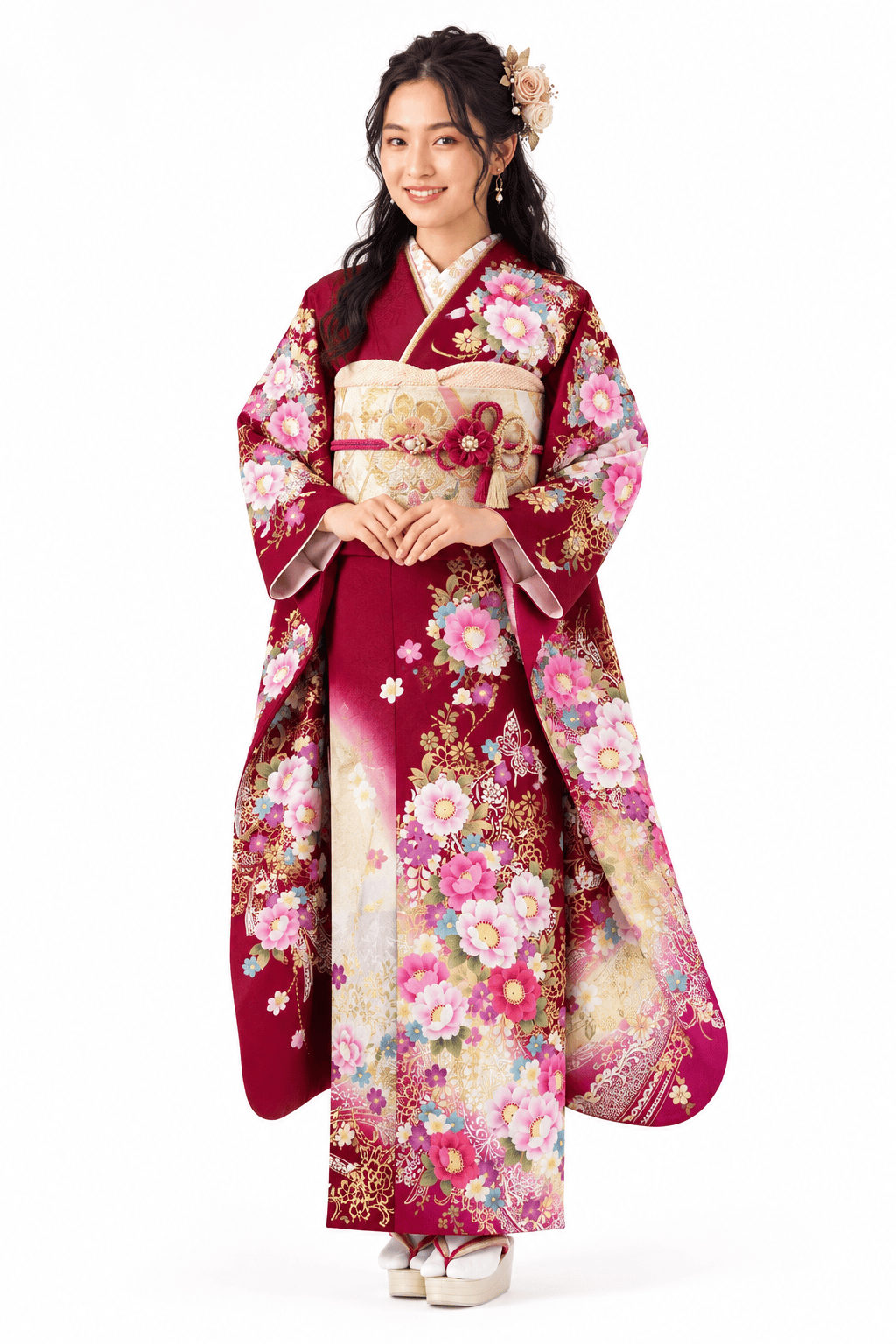 深紅に花と蝶、ロマンティックな華やぎの振袖全身コーディネート