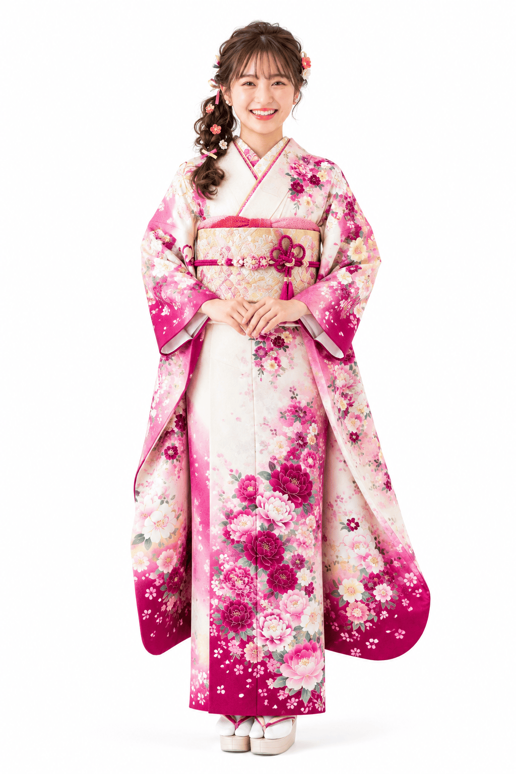 白地に咲く花々、やさしい華やぎの振袖全身コーディネート