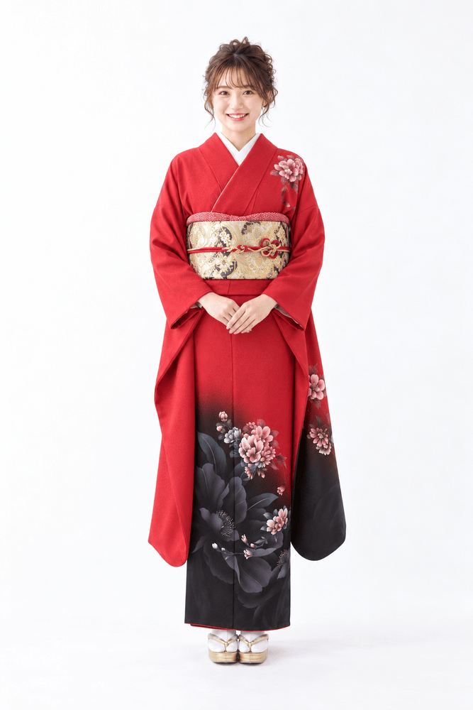 赤地から黒へ移ろうぼかしに、落ち着いた色合いの花々が映える振袖姿。