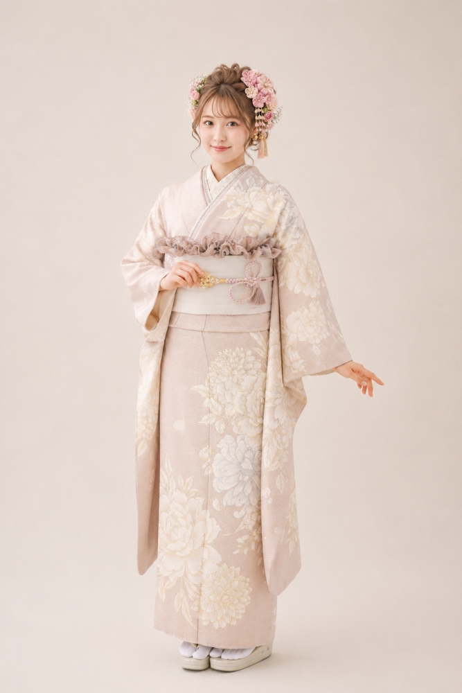 淡いピンクベージュに白い大輪花を重ねた、柔らかく上品な振袖姿。