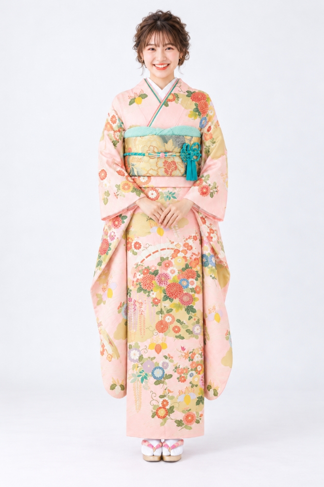 淡いピンクとクリーム色に、色とりどりの菊が咲く優しい振袖姿。