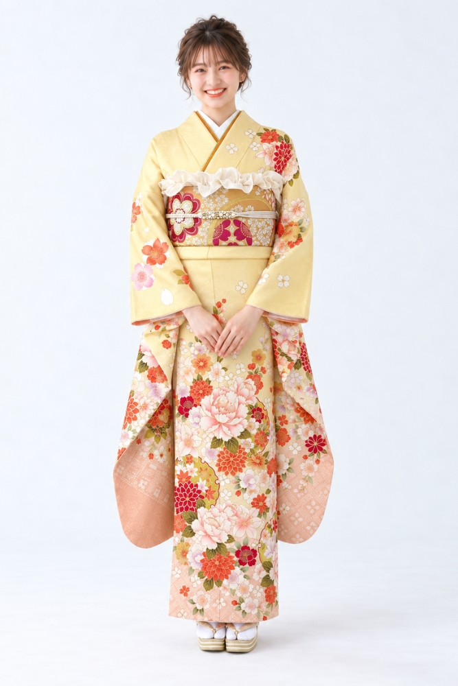 淡い黄色から桃色へ移ろう地色に、牡丹や菊が咲き広がる振袖姿。