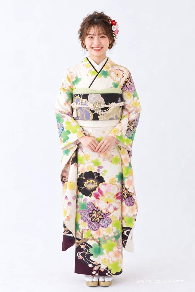 白地に桜柄が描かれた振袖コーディネート
